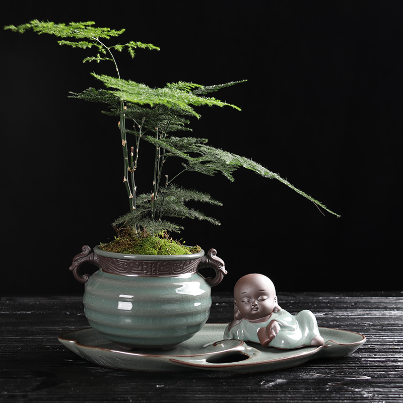 復(fù)古中國(guó)風(fēng)文竹盆景，禪意小和尚盆景