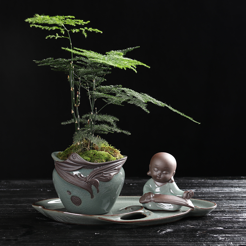 復(fù)古中國(guó)風(fēng)文竹盆景，禪意小和尚盆景