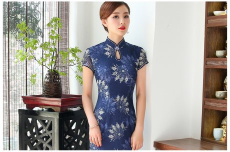 念花蕾絲旗袍，時(shí)尚魚(yú)尾旗袍裙