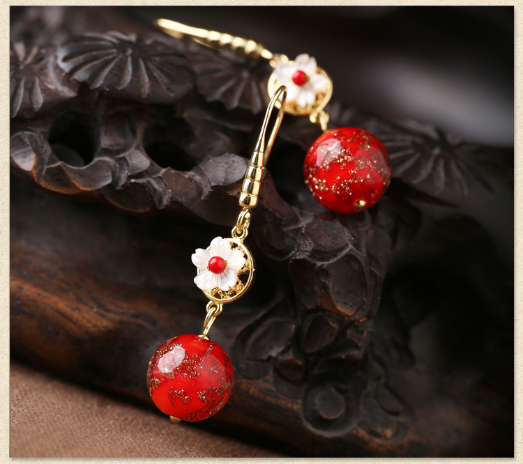 復(fù)古琉璃吊墜耳環(huán)，古風(fēng)花朵紅色首飾