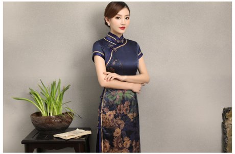 嫻云真絲旗袍，氣質(zhì)印花雅致旗袍裙
