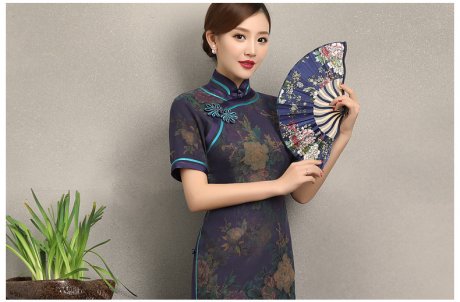 紫韻真絲香云紗旗袍，復(fù)古改良短袖旗袍裙