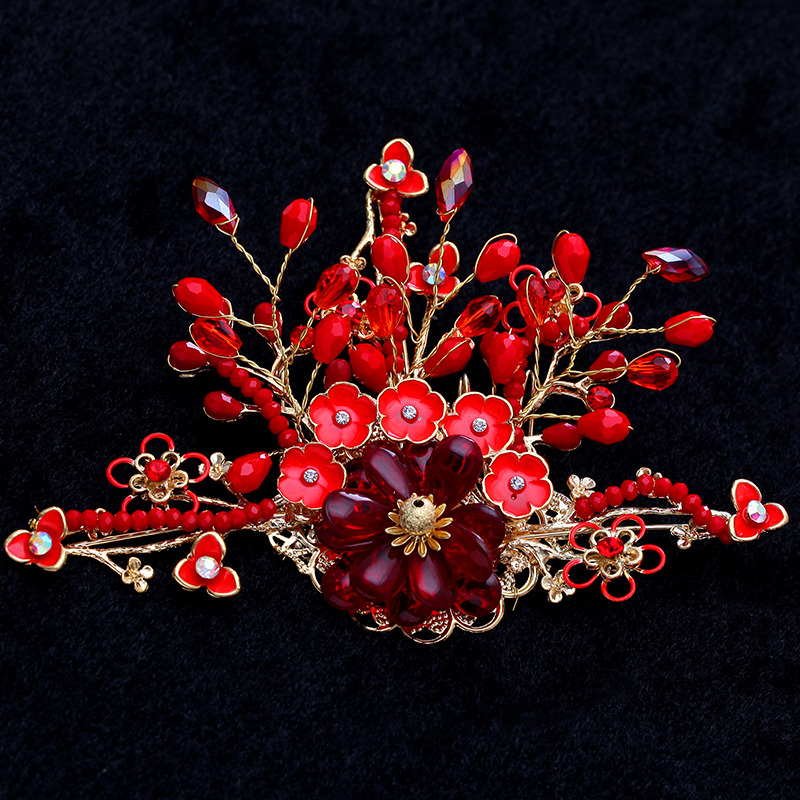 紅色中國(guó)風(fēng)頭飾，精致唯美新娘頭飾圖片