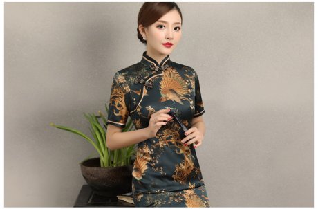 墨綠印花復古短袖旗袍，優(yōu)雅浪漫旗袍圖片