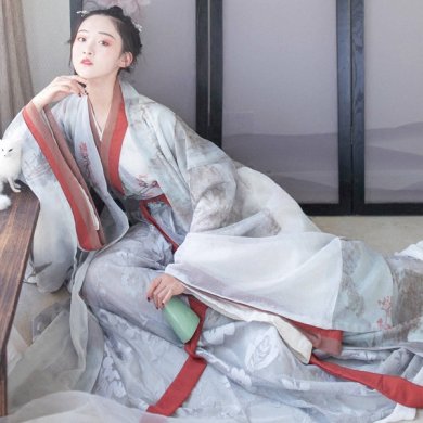 魏晉風(fēng)交領(lǐng)齊腰襦裙?jié)h服，古風(fēng)印花雪紡漢服