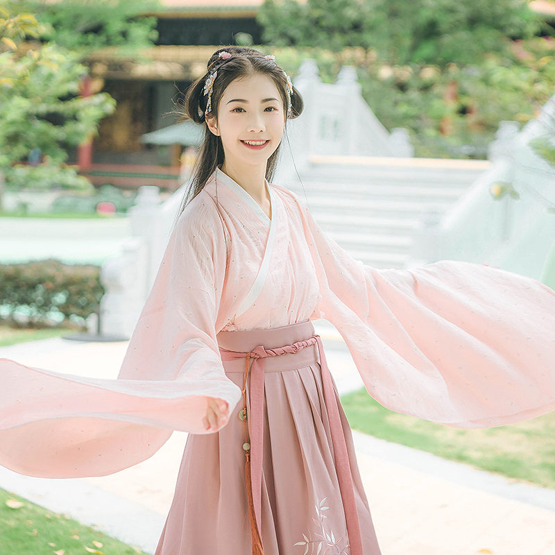 小清新粉色紫藤蘿刺繡漢服，大袖交領(lǐng)襦裙?jié)h服