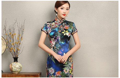 蔓如花靚麗旗袍，唯美短袖印花旗袍裙