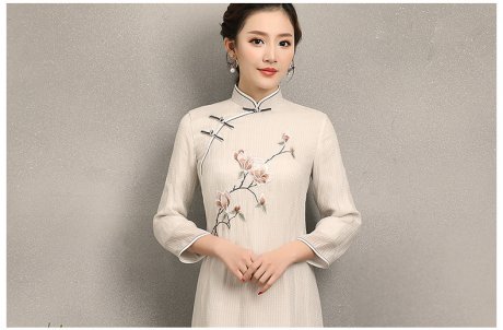 蘭花刺繡素雅旗袍，米白色中長款旗袍裙