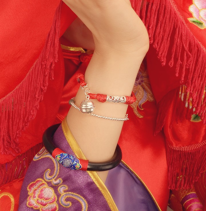 囍吉中國(guó)風(fēng)手鏈，本命年紅繩銀蓮花鈴鐺首飾