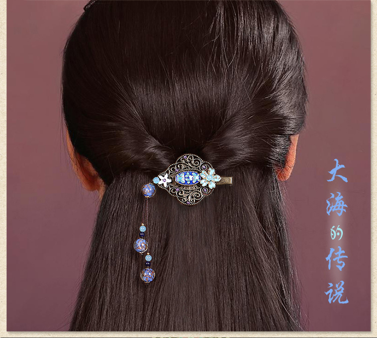 藍色大海的傳說：古典流蘇中式琉璃發(fā)夾頭飾