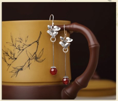 純銀花吊墜耳環(huán)，復(fù)古中國(guó)風(fēng)古典耳飾首飾