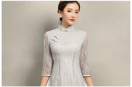 淺灰?jiàn)W黛風(fēng)旗袍，蕾絲中式旗袍裙