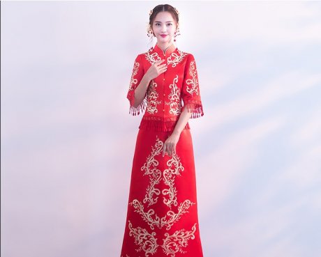 時(shí)尚修身新娘結(jié)婚禮服，龍鳳褂中式禮服