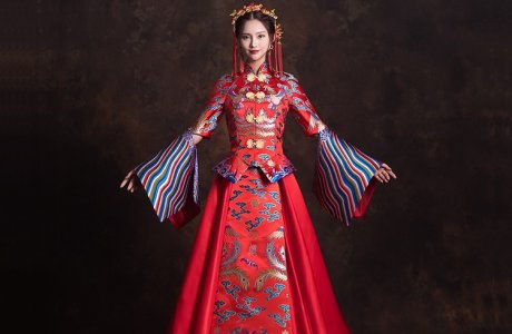 創(chuàng)意袖口新娘結(jié)婚禮服，奢華拖尾中式禮服