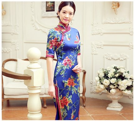 復(fù)古蝶花舞短袖旗袍，蠶絲時尚旗袍裙