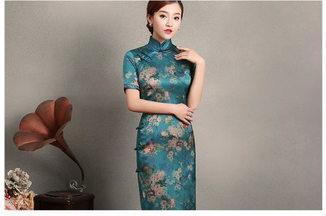 藍(lán)綠色玉梅短袖旗袍，蠶絲時尚旗袍裙