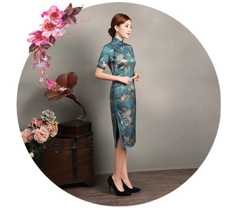 藍(lán)綠色玉梅短袖旗袍，蠶絲時(shí)尚旗袍裙