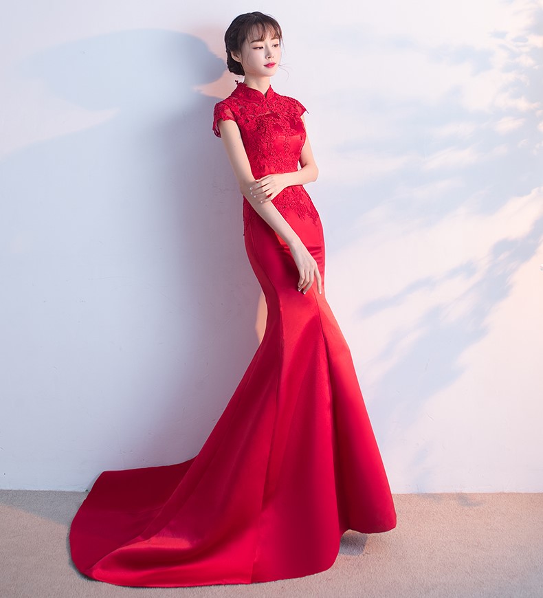 時尚魚尾拖尾中式禮服，蕾絲氣質(zhì)晚禮服