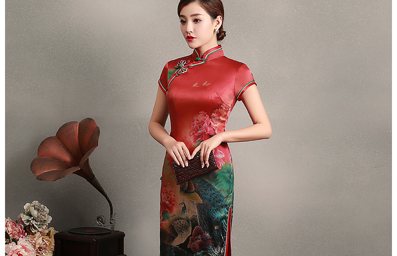 花團(tuán)錦簇短袖旗袍，蠶絲印花旗袍裙
