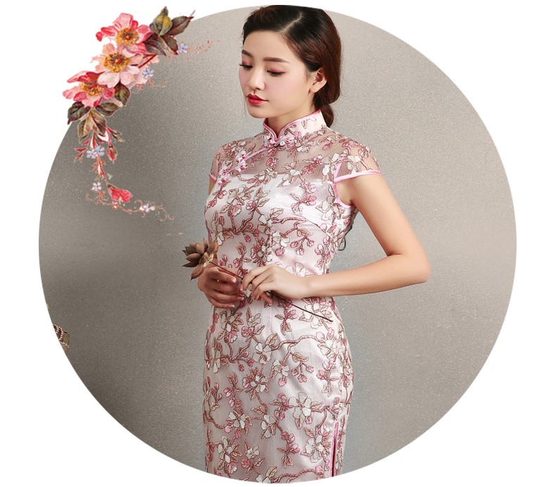 粉色繡花旗袍，蕾絲短款旗袍裙