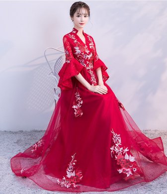 時(shí)尚喇叭袖中式禮服，性感唯美晚禮服
