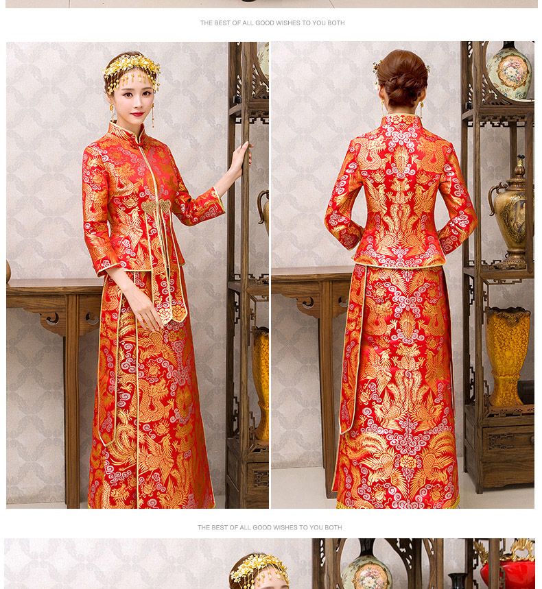 紅色旗袍中式禮服，新娘結(jié)婚禮服