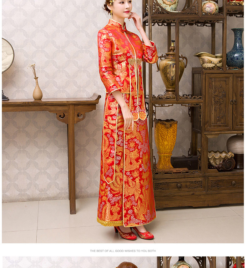 紅色旗袍中式禮服，新娘結(jié)婚禮服