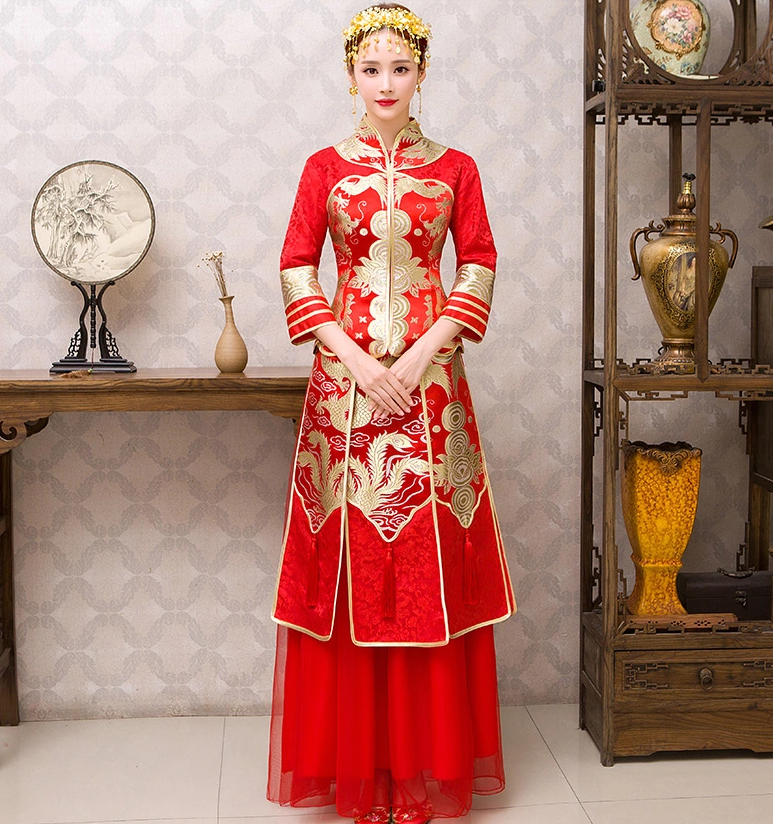 紅色龍鳳褂中式禮服，唯美新娘結(jié)婚禮服