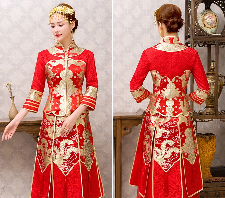 紅色龍鳳褂中式禮服，唯美新娘結(jié)婚禮服