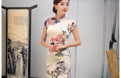 淡黃色水墨印花旗袍，復(fù)古真絲旗袍裙