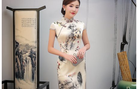 淡黃色印花旗袍，復(fù)古短款旗袍裙