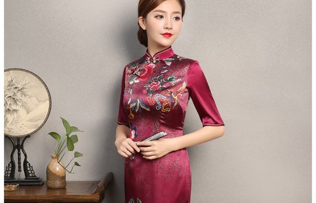彩鳳印花紅色旗袍，端莊大氣鳳凰牡丹旗袍裙