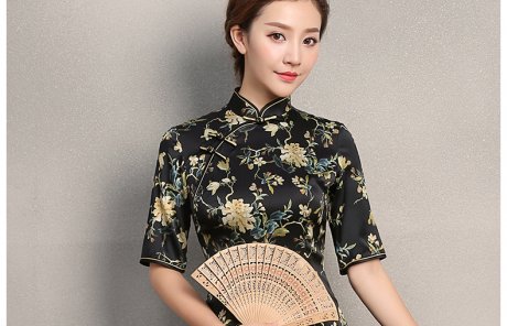 黑色時(shí)尚印黃花旗袍，奧黛旗袍裙