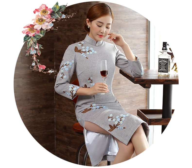 灰色繡花旗袍，復(fù)古文藝旗袍裙
