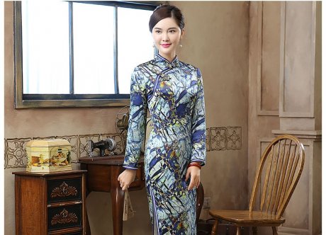 復(fù)古晶藍(lán)印花旗袍，加厚長款旗袍裙