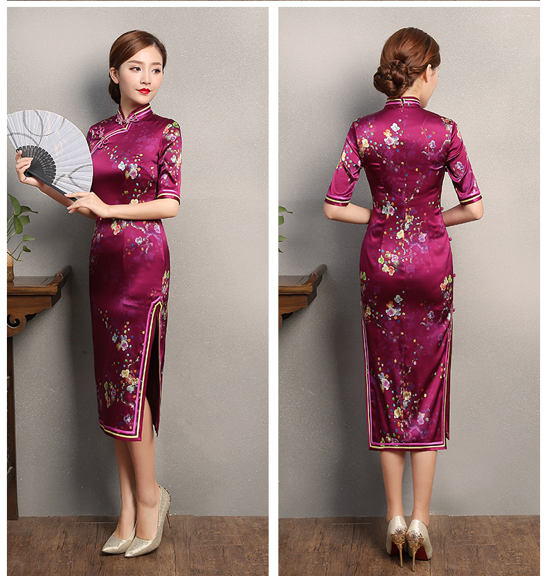 玫紅色印花旗袍，中袖真絲旗袍裙