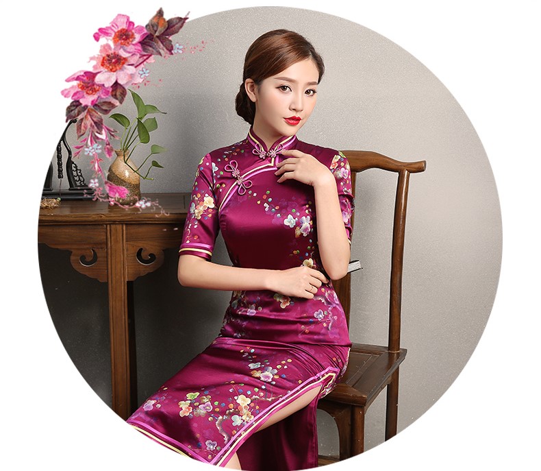 玫紅色印花旗袍，中袖真絲旗袍裙