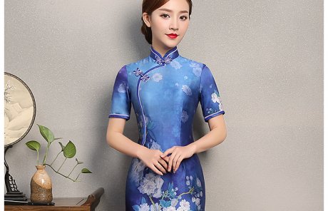 藍(lán)嬌印花旗袍，復(fù)古真絲旗袍裙