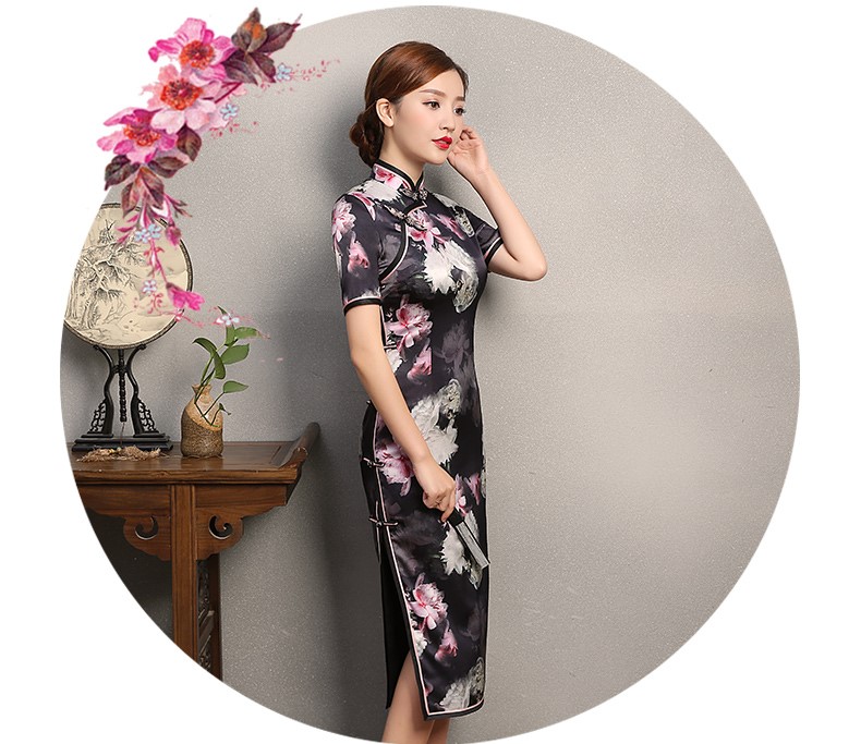 夜雨粉白印花旗袍，短袖真絲旗袍裙