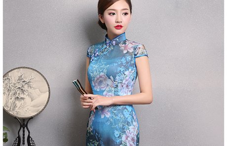 典雅藍(lán)色印花旗袍，時尚短袖旗袍裙