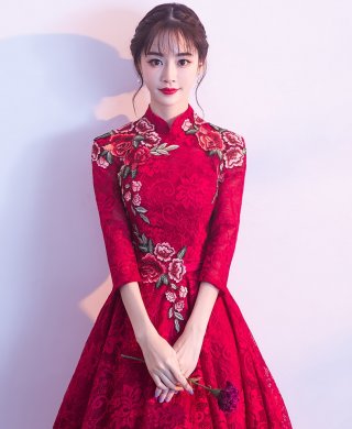 古典蕾絲中式禮服，優(yōu)雅花朵晚禮服
