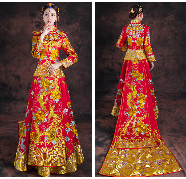 紅色長(zhǎng)款拖尾中式禮服，精美刺繡新娘結(jié)婚禮服