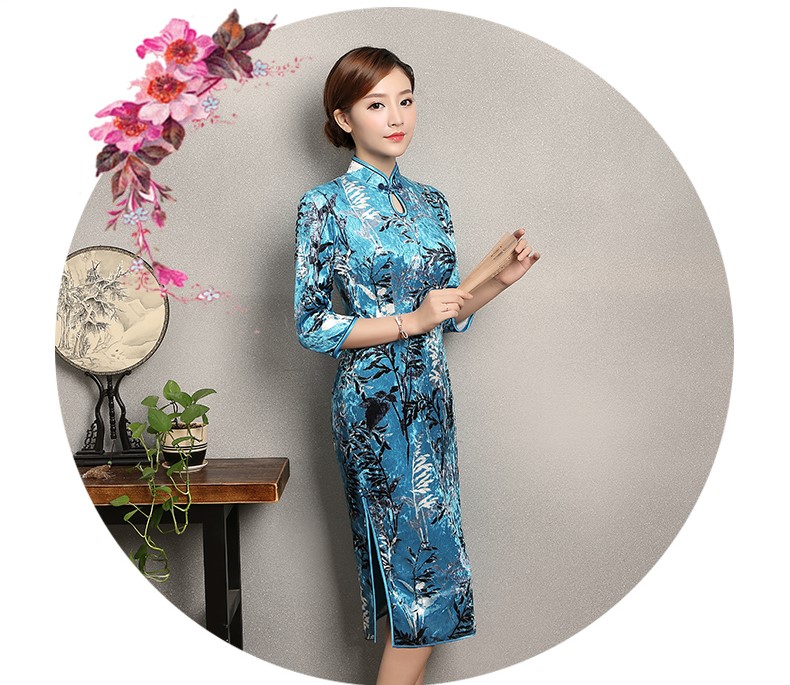 藍(lán)色印花郁蘭旗袍，優(yōu)雅復(fù)古旗袍裙