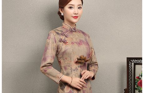 杏灰紫玉蘭印花旗袍，復古旗袍裙