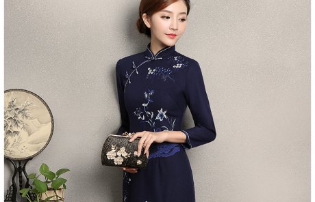 深藍(lán)色繡花旗袍，復(fù)古風(fēng)旗袍裙