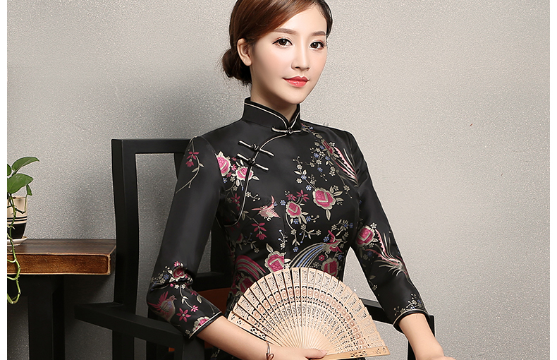 黑色鳳鳥提花旗袍，復(fù)古風(fēng)旗袍裙