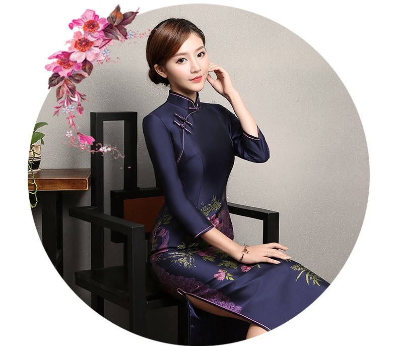 寶藍色孔雀提花旗袍，復(fù)古中式旗袍裙