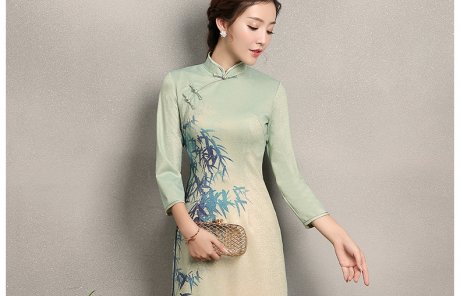 淡綠羞竹印花旗袍，時(shí)尚中國(guó)風(fēng)旗袍裙