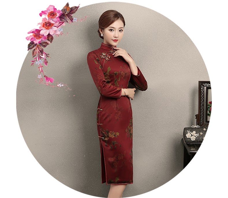 深紅色印花旗袍，復(fù)古中國風(fēng)旗袍裙
