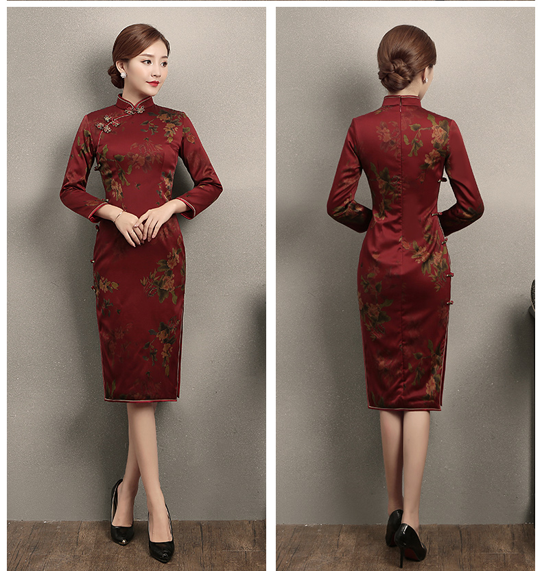 深紅色印花旗袍，復(fù)古中國風(fēng)旗袍裙